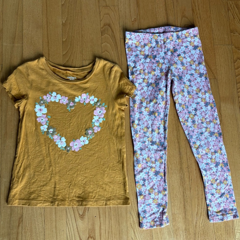 Carters Spring Outfit floral Shirt Leggings mustard pink Green Gold Girls Sz 5